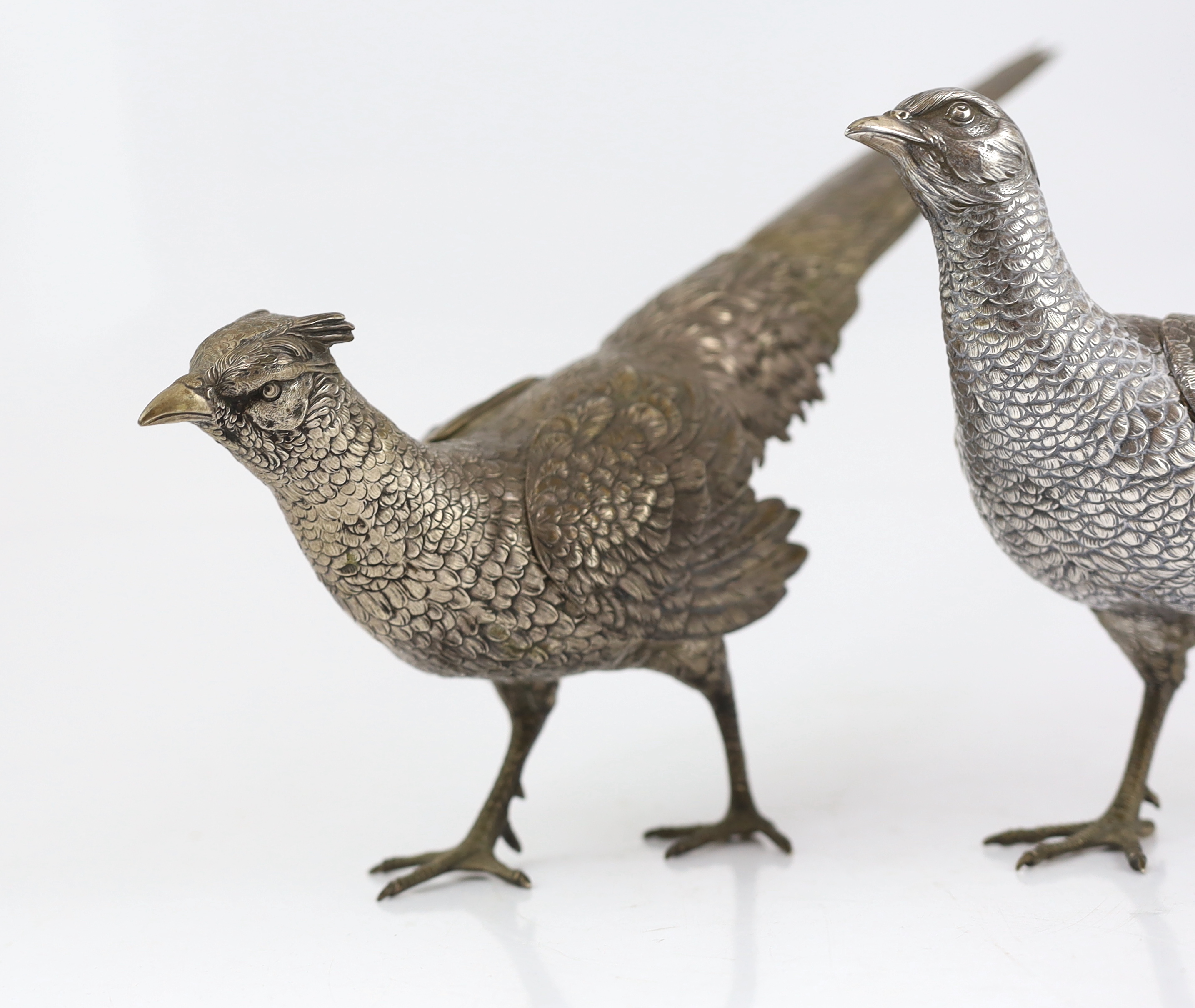 A large pair of German 800 standard silver free standing model pheasants with articulated wings, c.1930, 46cm long